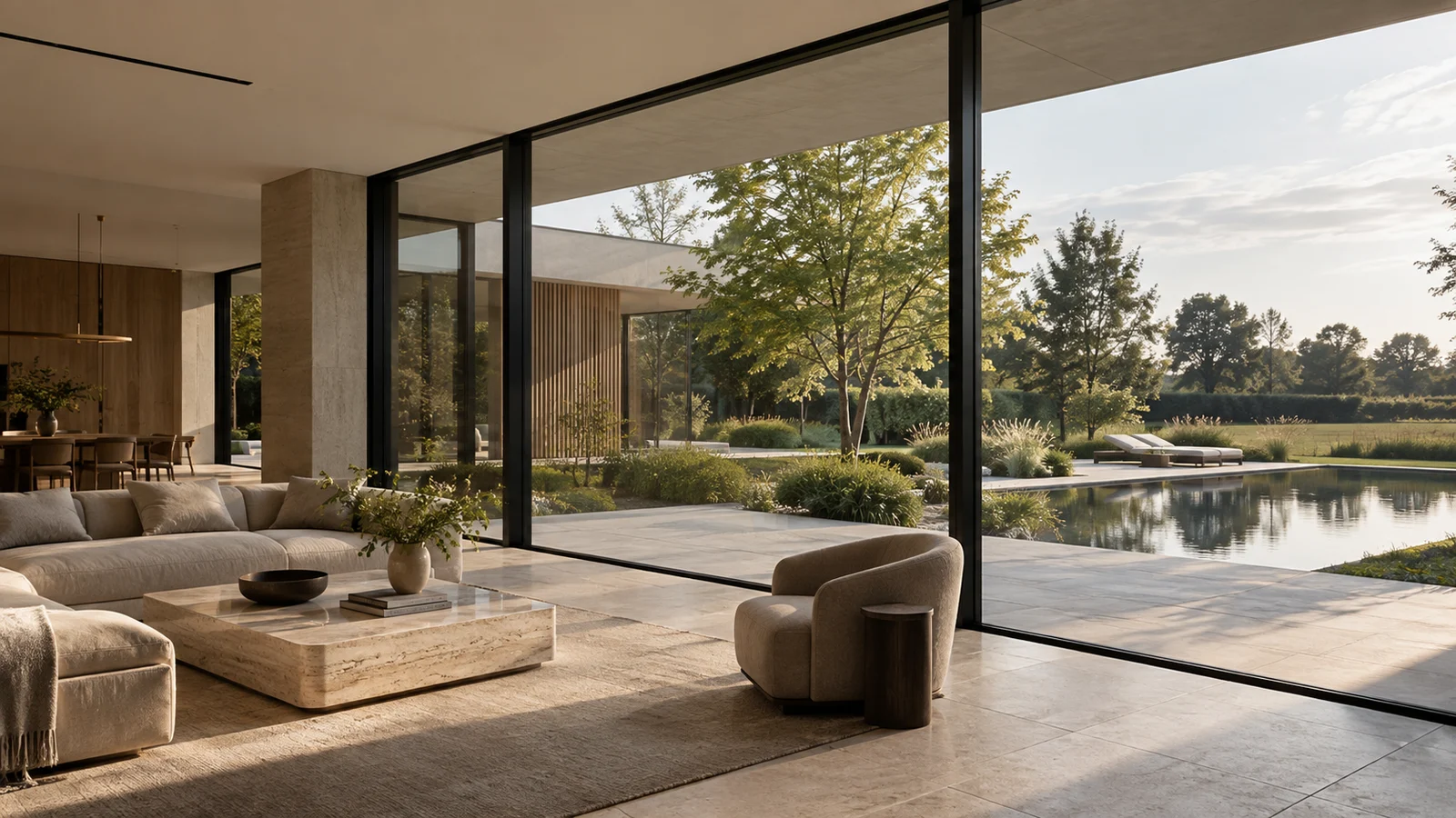 Luxe woning met donkere aluminium kozijnen en uitzicht op de tuin